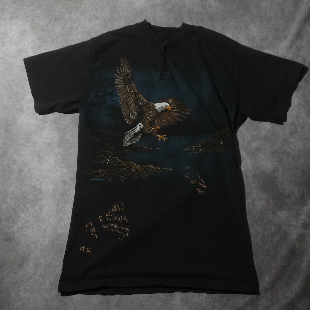 Vintage Art Unlimited Eagle Nature Graphic Henley Shirt Black Single Stitch XL